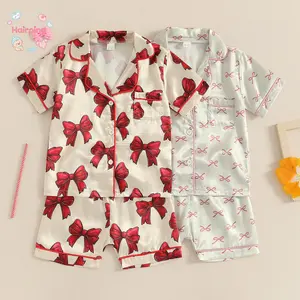 Toddler Girls Summer Pajamas Set, Bow Pattern Button Down V Neck Short Sleeve Tops and Shorts, Lounge Wear 2 Pcs Set, Casual Baby Girls Pajamas Set