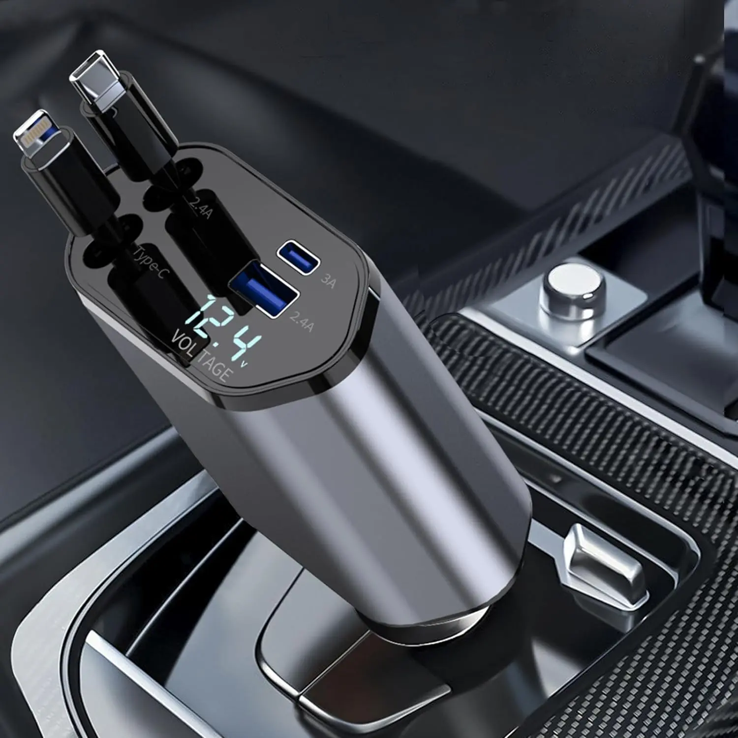 WHATOOK 120W 4-in-1 Retractable Smart Car Charger - Type C Charger, 2 USB Ports, 2.6ft (80cm) Collapsible Cable, 180-Degree Adjustment, Vehicle Accessories for iPhone 15/14/13/12 Pro Max, Galaxy S23