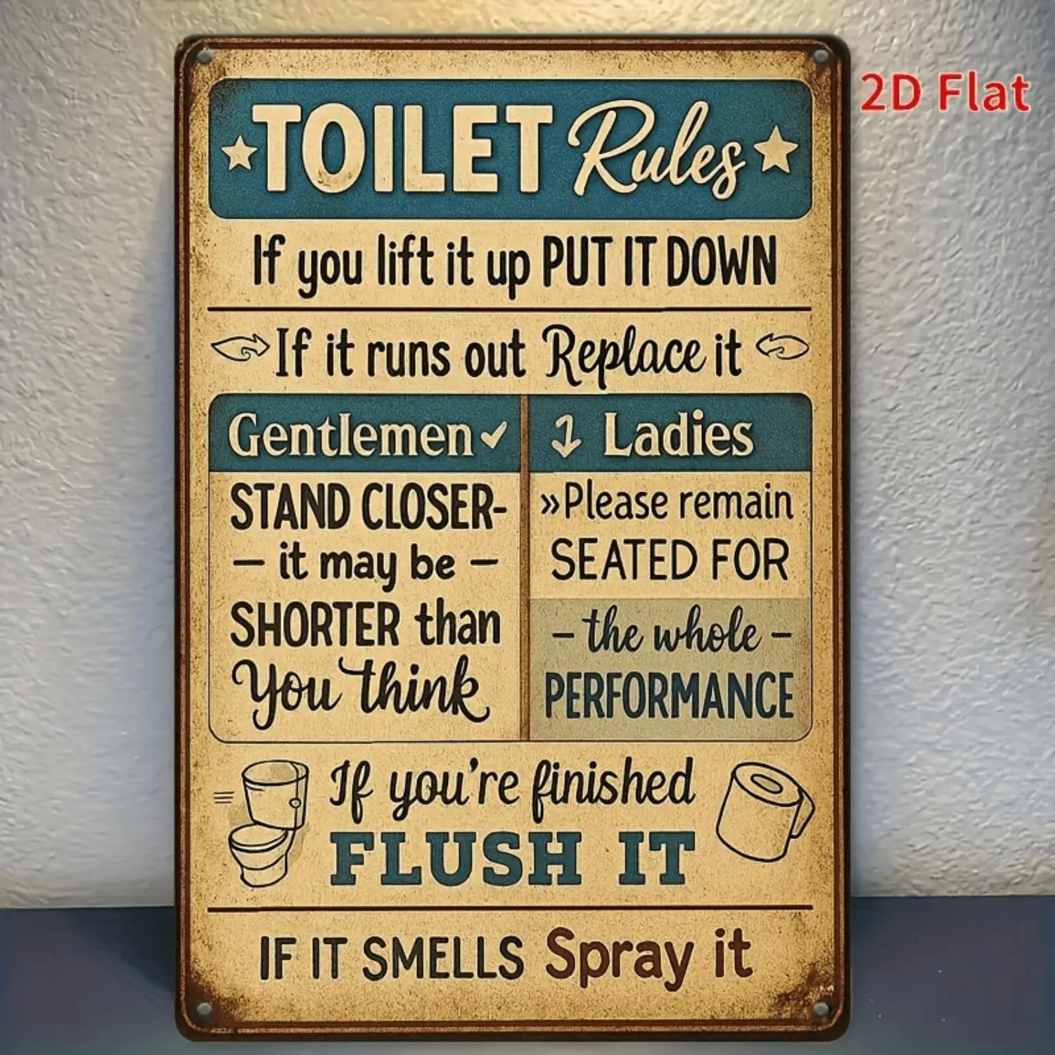 Vintage Toilet Rules Metal Sign 8x12 Inch Funny Bathroom Etiquette Wall Decor Rustic Iron Retro Restroom Rules for Home Bar Cafe Garage Perfect Housewarming and Bathroom Gift