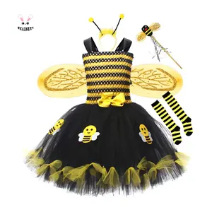 Girls' Princess Bee Cosplay Costume Set - Sleeveless Tulle Tutu Dress, Bee Wings, Magic Wand, Headband, Leg Warmers, Kids' Party Costume for Spring Glow-Up