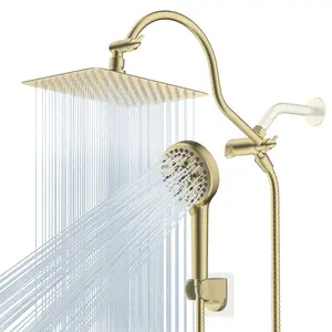 Hibbent All Metal CUPC Certified Shower Head, 10'' High Pressure Rainfall Shower Head/Handheld Showerhead Combo with 12'' Adjustable Curved Shower Extension Arm, 10-Spray, 71'' Hose, Showerhead Holder, Brushed Gold