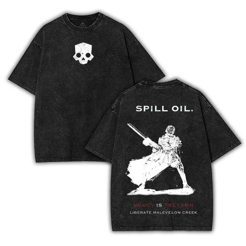 Helldivers 2 Spill Oil Washed 2 sided printed Oversize Unisex Cotton tee game merch retro black graphic design Art helldivers helmet Tops trendy gift