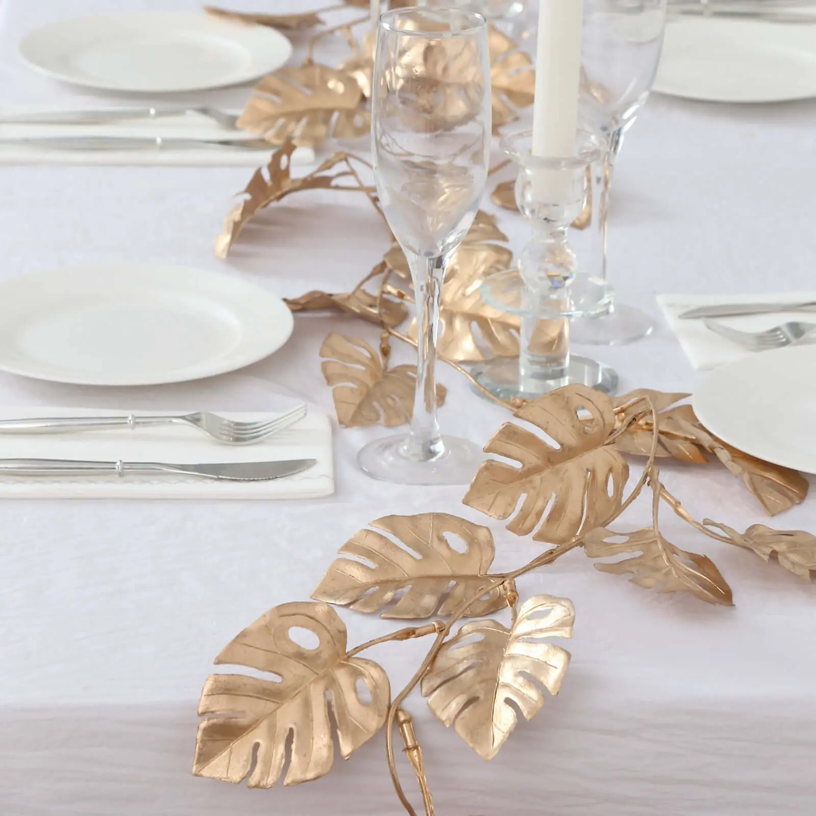 7ft Metallic Gold Artificial Monstera Leaf Table Garland - Decorative Faux Hanging Vine, Floral Plant, Botanical Flower Arrangement for Jungle Tropical Weddings, Events, Artificial Floral Plant, Artificial Flower Decorations, Plant Decor