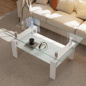 Glass Coffee Table Rectangle Living Room Modern Center Table with Tempered Glass Tabletop, 2 Tier Coffee Table for Living Room and Office