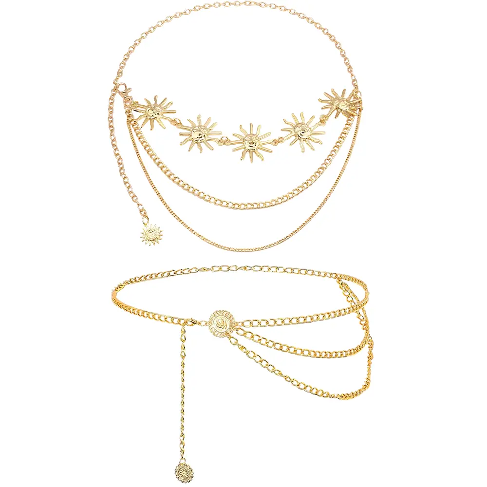 Waist Chain Belt Multilayer Gold Silver Sun Moon Chain Belt for Women Dress Body Belly Chain Metal Waist Chain，Multilayer Metal Waist Chain Dress Belts Metal Belt for Women