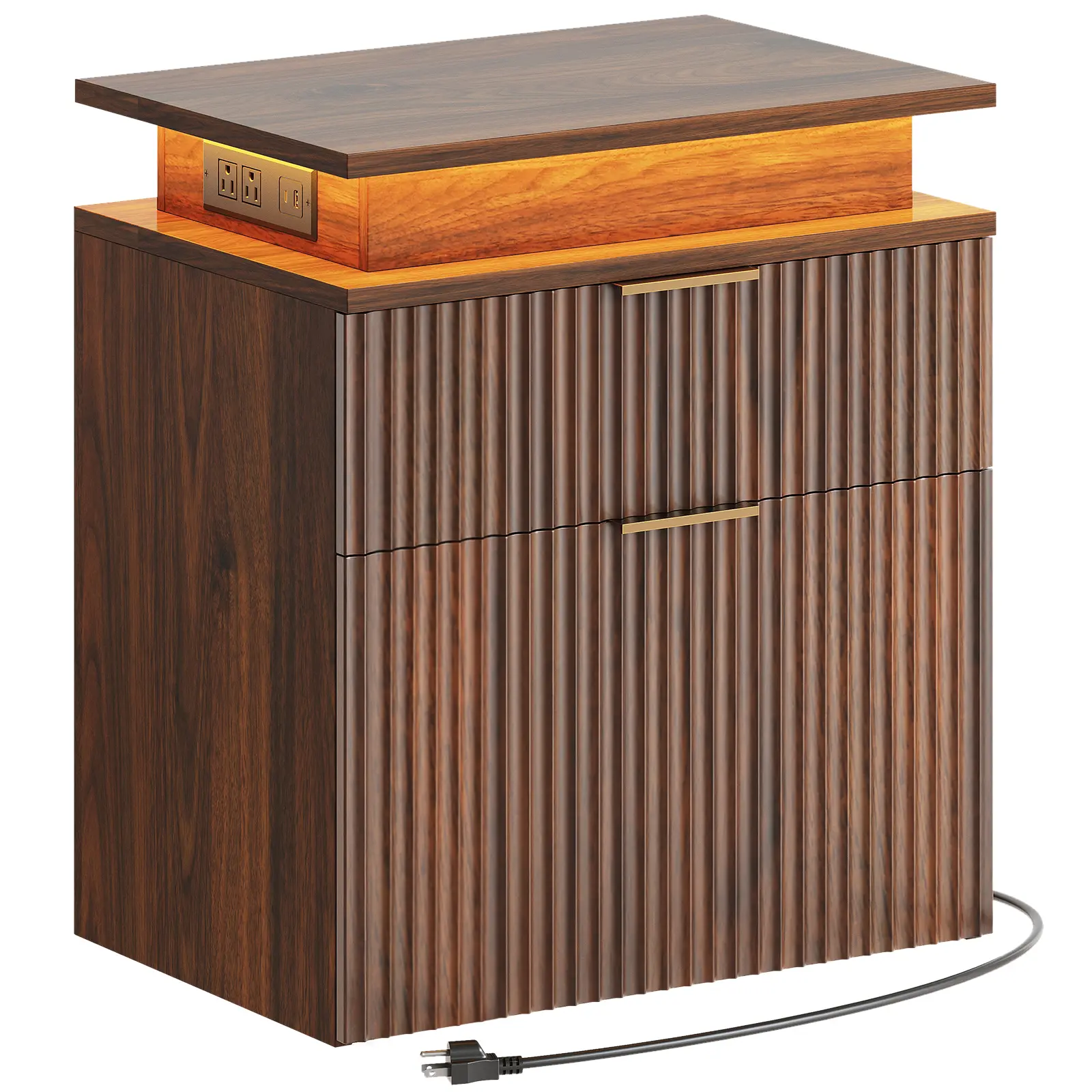 YATINEY Fluted Nightstand, Night Stand with Charging Station, Bedside Table with LED and 2 Drawers, Natural Bed Side Cabinet, Farmhouse End Side Table for Bedroom, Walnut #SummerVibes#DealsforYouDays #SummerGarden