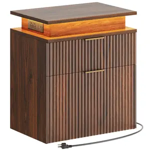 YATINEY Fluted Nightstand, Night Stand with Charging Station, Bedside Table with LED and 2 Drawers, Natural Bed Side Cabinet, Farmhouse End Side Table for Bedroom, Walnut #SpringSale #BigSpringSale