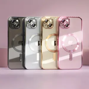 Luxury Metal Electroplated Magnetic Soft Transparent Wireless Charging Phone Case with Camera Lens Protector, Mobile Phone Accessories for iPhone 16/15/14/13/12/11 Pro Max Plus