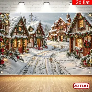 2D Flat Christmas Snow Village Backdrop Polyester Festive Banner Vintage Gingerbread House Design for Winter New Year Carnivals Entryway Room Display