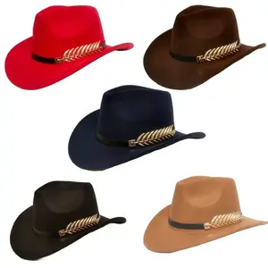 Western Cowboy Cowgirl Hat – Stylish Felt Wide Brim Fedora with Gold Leaf Accent, Classic Rodeo Hat for Country Concerts, Festivals, Ranch Wear, Horseback Riding, Line Dancing, & Outdoor Adventures, Unisex Fashionable Hat for Men & Women, Multiple Colors