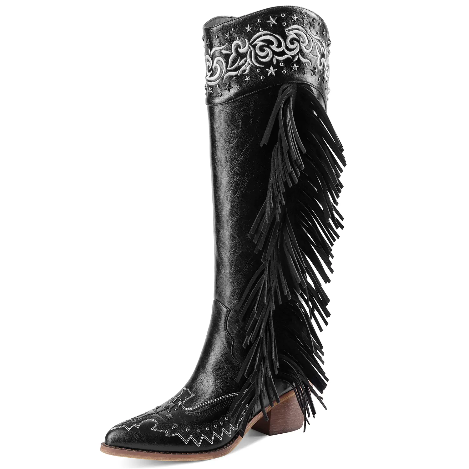 RONILURN Western Boots for Women, Knee-High Cowgirl Shoe with Studs, Fringe Tassels and Embroidery, Footwear, Stud, Party, Western Wear For Women, Casual Wear, Chunky Heel, Pointed Toe, Cowgirl Booties, Western Ootd