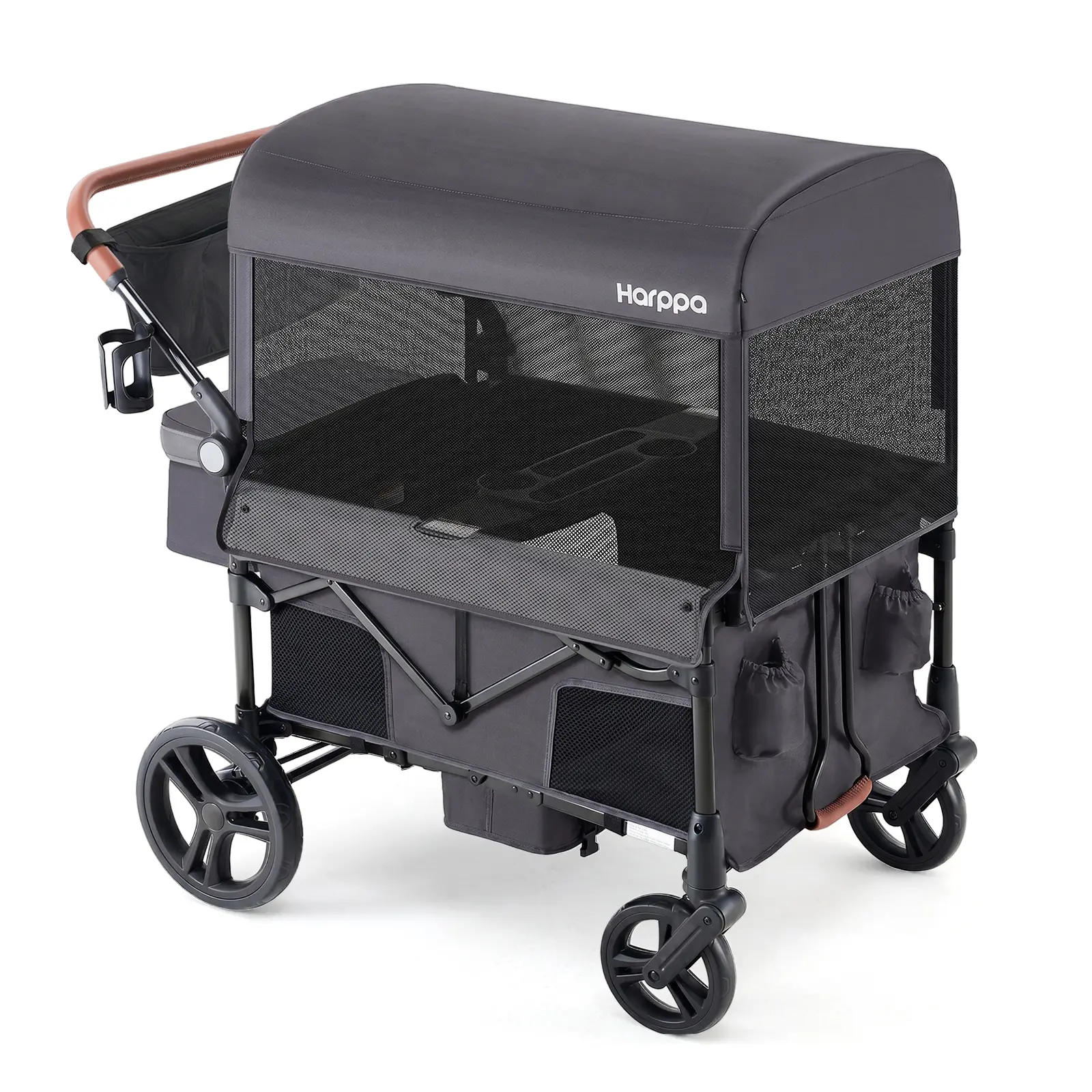 HARPPA Foldable 2 Seater Baby Stroller Wagon with Canopy & Mosquito Net, Stroller with Cup Holders & Stroage, All-Terrain Wheels, Adjustable Handle, For Outdoor & Beach, Baby Items