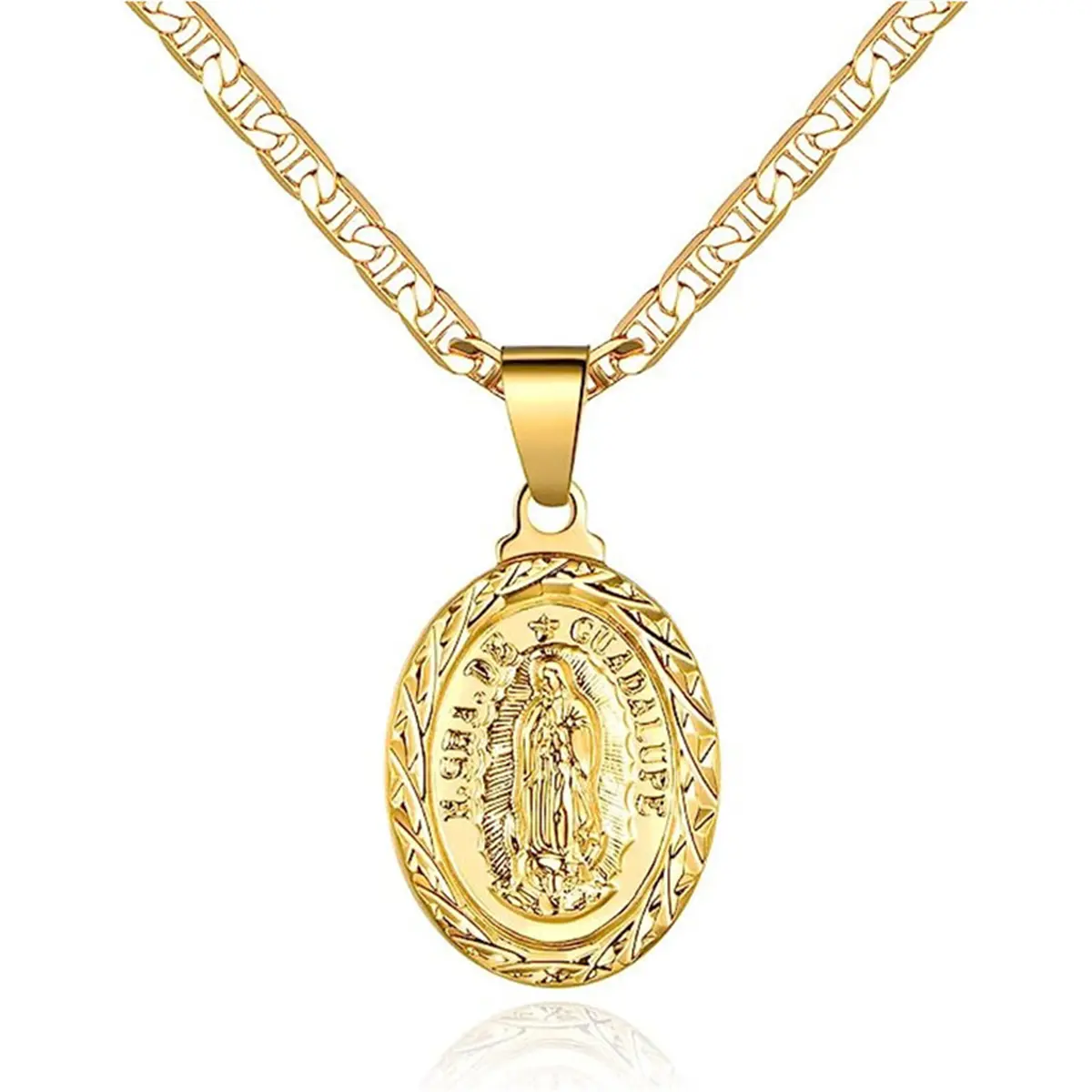 Women's Gold-Plated Flat Sailor Faith Gold Necklace with Guadalupe Madonna & Oval Pendants, Exquisite Jewelry Gift, Stylish Accessories for Women, Faith Necklace, Gold Necklace Women