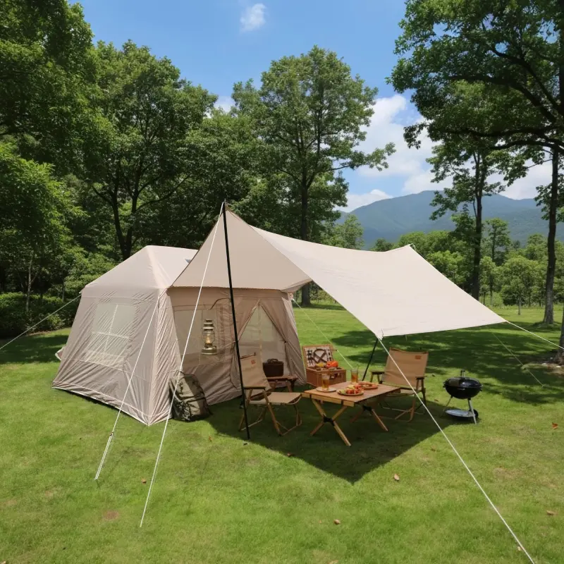 5.72m ² Inflatable Camping Tent, Glamping Tents Easy Setup 4 Season Windproof Outdoor Cotton Tent with Stove Jack & Mesh Windows & Pump