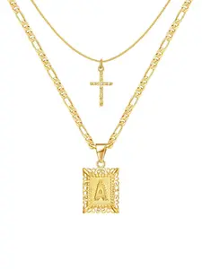 Layered Gold Initial Necklace Set, 2Pcs Dainty Cross Pendant + Letter Tag Necklaces, Stackable Figaro Chain Jewelry, Aesthetic Minimalist Design, Perfect for Everyday Layering, Casual Outfits & Statement Looks.