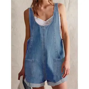 Women’s solid-color denim overalls — casual, comfortable, breathable basic fitted sleeveless overalls for daily wear; ladies’ clothes for spring and summer; womenswear; dungarees; denim rompers; summer jean romper; denim jumpsuit; blue