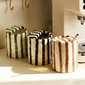 European Vintage Striped Hand-Painted Glazed Ceramic Mug, Heat-Resistant Non-Slip, Dishwasher and Microwave Safe, For Hot or Cold Drinks, Holiday Gift for Friend & Family, Stylish Drinkware, Vintage Coffee Mugs