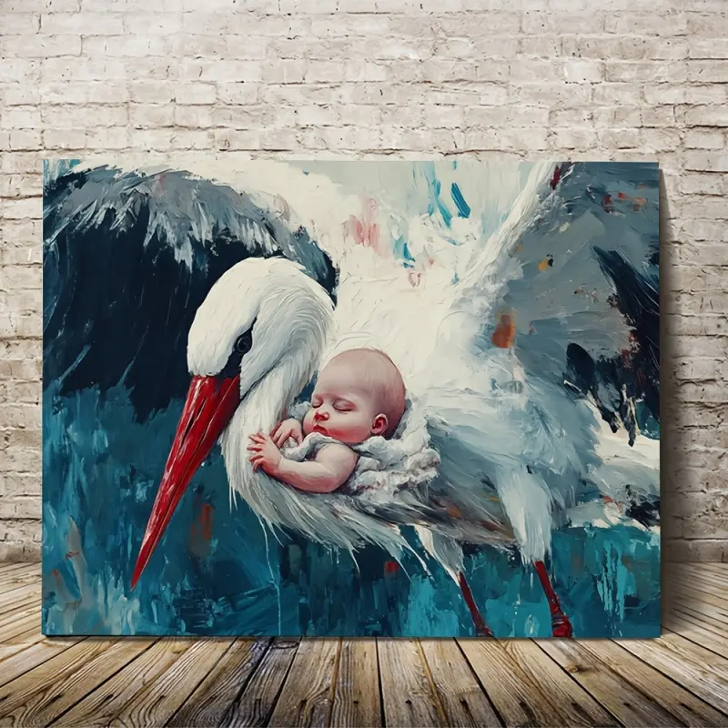 2D canvas painting, 1 piece vintage canvas art painting, depicting a pair of ducks and their ducklings, designed with a blue and cyan background. This framed wall decoration is perfect for a baby's room or maternity room, and makes an excellent birthday g