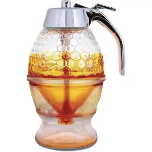 Primpick 8oz No-Drip Glass Honey Dispenser with Plastic Lid, Beeswax Syrup Server, Bee-Themed Storage Jar, 6 Inch Transparent Maple Syrup Container, Condiment Container