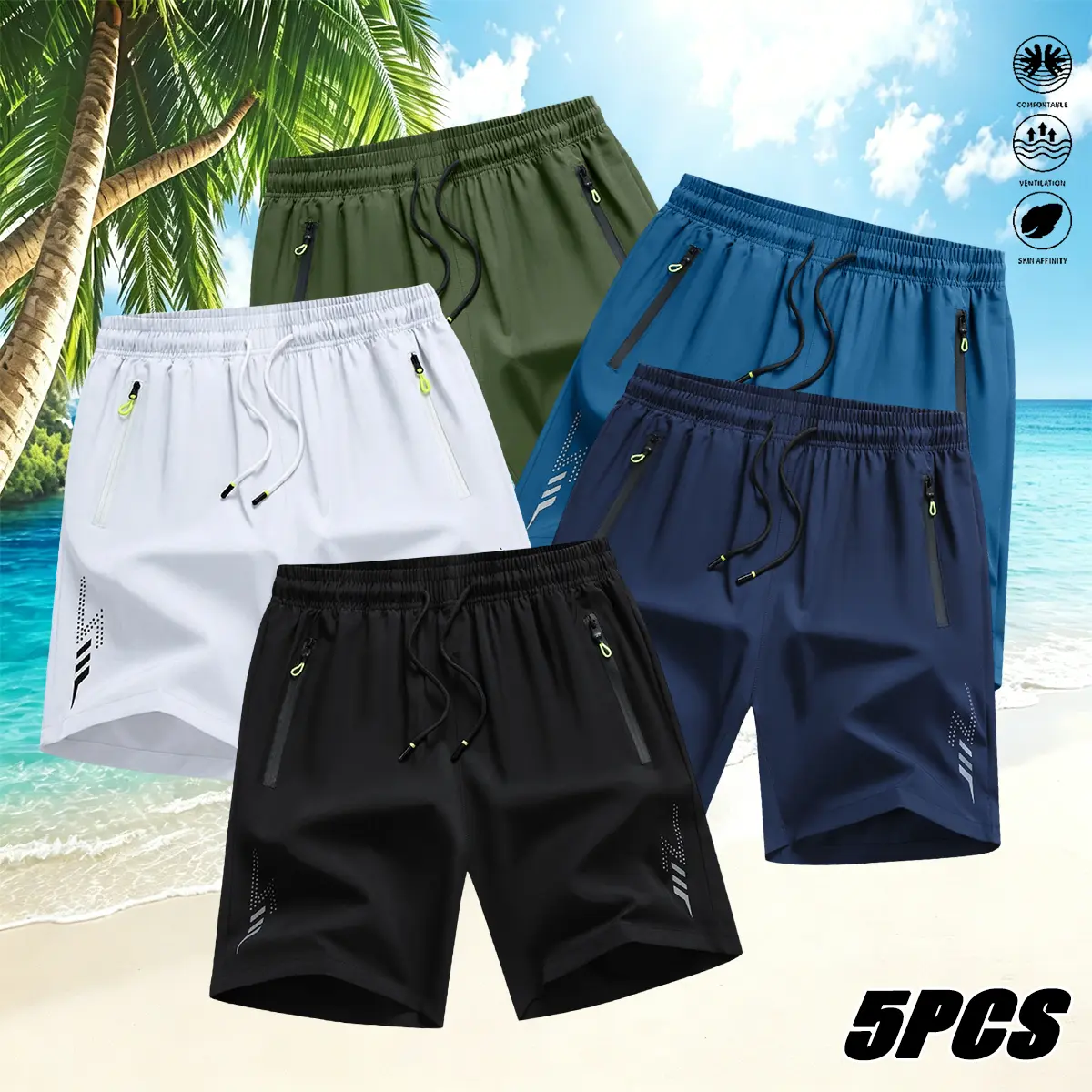 5PCS men’s shorts: summer lightweight breathable quick-dry beach shorts; men’s drawstring shorts with zippered pockets; breathable everyday men’s shorts; summer quick-dry swim trunks; solid beige tropical style; summer casual wear; comfortable and breatha
