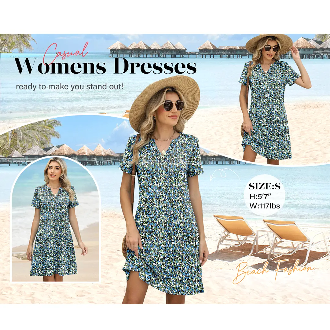 OFEEFAN  Summer Dress Dresses for Women 2026 Casual Summer V Neck Wedding Guest Dress Short Sleeve Fashion Beach Vacation Clothes