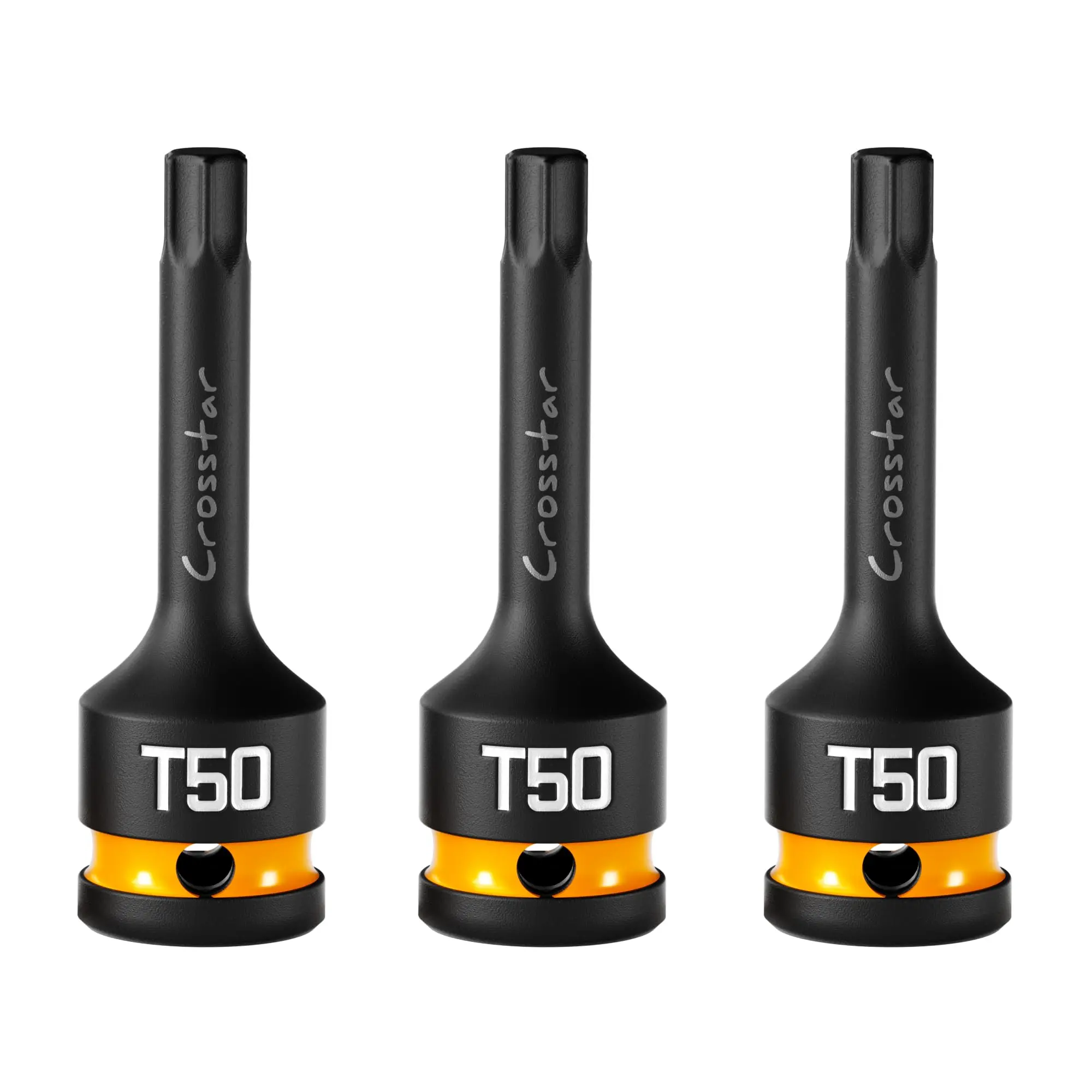 Crosstar 3pc T50 Impact Torx Bit Socket Set, 1/2" Drive Chromium-Molybdenum Steel, 3-inch 1-piece Design, Extended Shank, Corrosion-Resistant, Permanent Marks, for Automotive & Heavy-Duty Use, Professional Mechanic Tool with Transparent Case