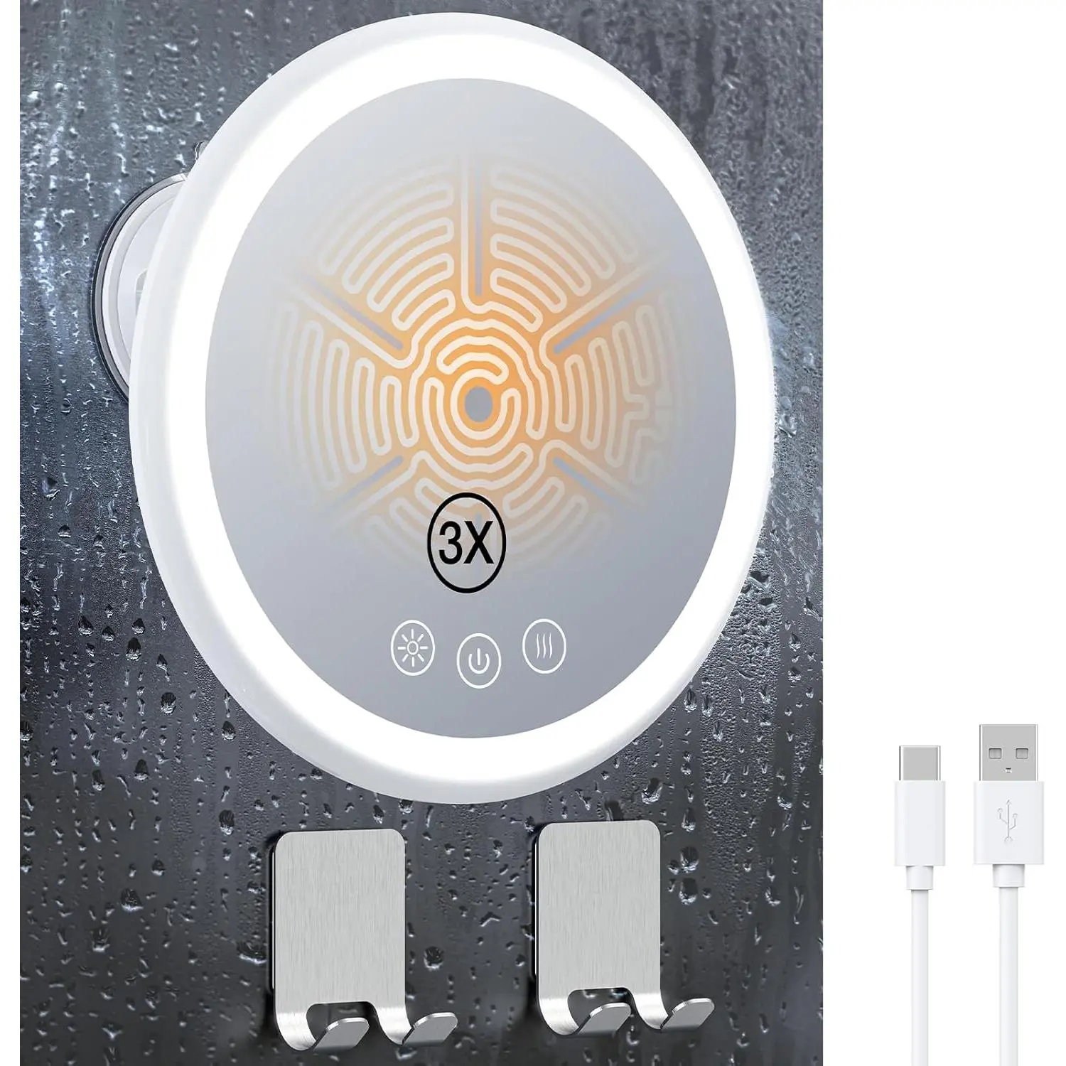 ABS Round Fogless Heated Bathroom Mirror for Shaving (8.3" Diameter, 3X Magnification, 5000mAh Battery, 360° Swivel Magnetic Design, 3-Color Adjustable Lights, Suction Cups, 2 Adhesive Hooks, Yes-Certified, Ideal Christmas/Father's Day/Birthdays Gift), Wi