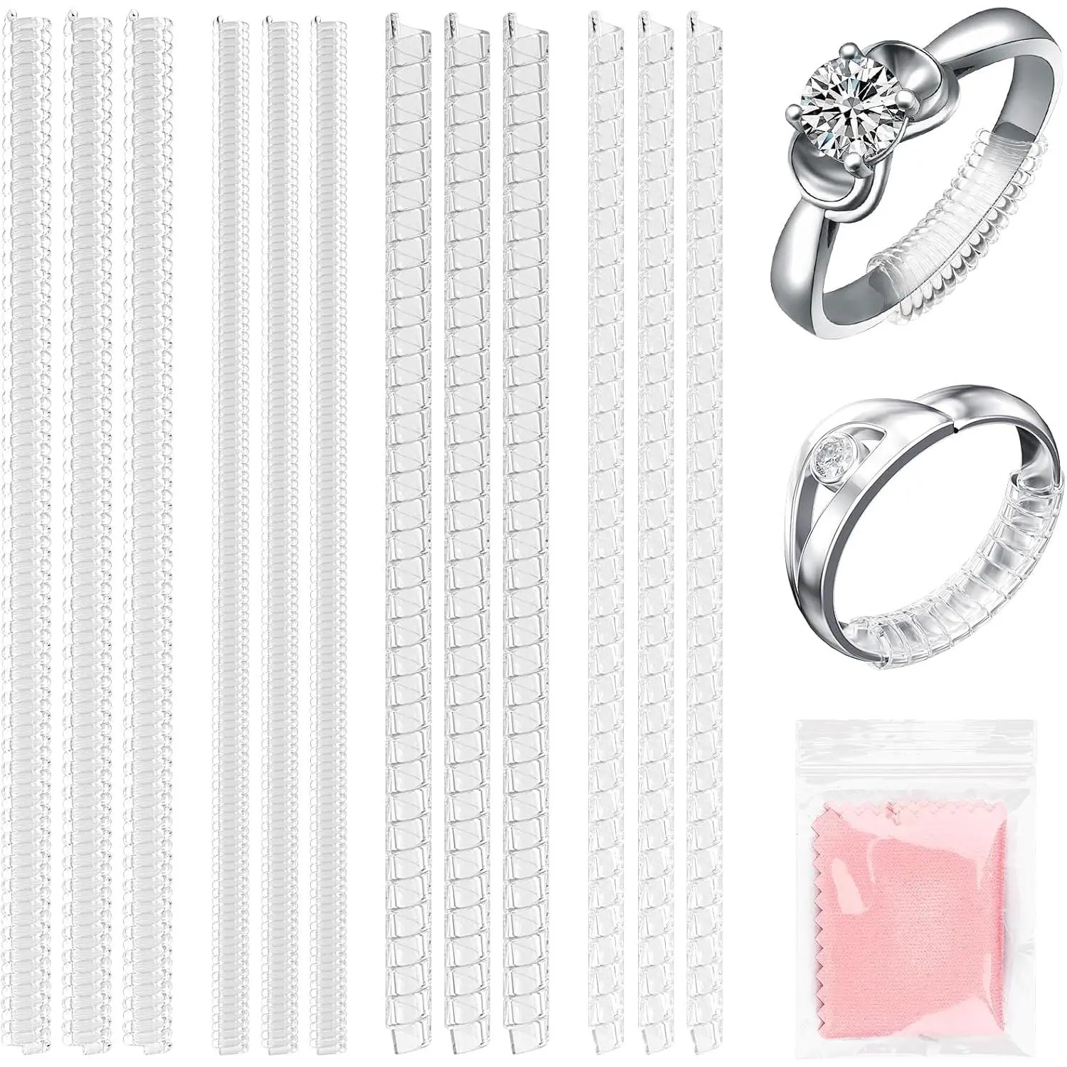 Ring Sizers for Loose Rings, 12 Pack 4 Sizes, Invisible Clear , Non-Slip Adjustable Ring Sizer, Ring Resizer and Tightener Guards, for Women and Men, Make Rings Smaller Without Resizing