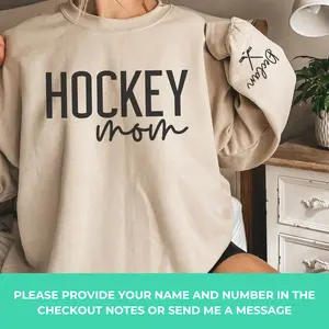 CUSTOM Hockey Mom Sweatshirt with Name on Sleeve, Ice Hockey Mama Sweater, Personalized Hockey Gift, Game Day Crewneck, Goalie Mom Shirt