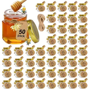 50pcs 1.5oz Mini Honey Jars with Gold Lid Bee Pendant & Wood Dipper Dishwasher Safe for Wedding Favors Baby Shower Decorative Glass Jars