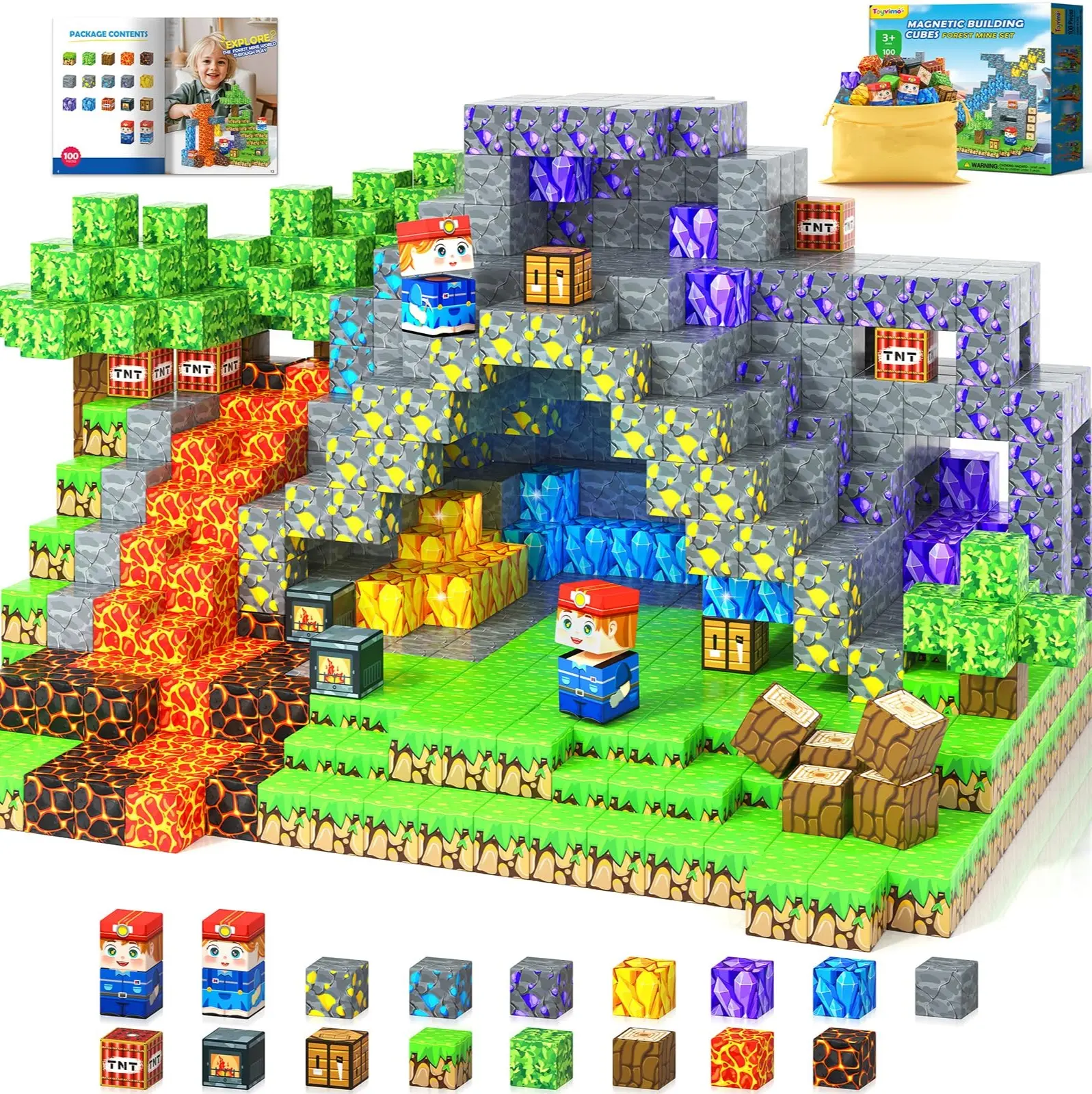100PCS Plastic Magnetic Building Blocks Set, Creative DIY Building Model Kit with Drawstring Bag, STEM Montessori Open-Ended Play Toy Gift for Children (Christmas), Do It Yourself