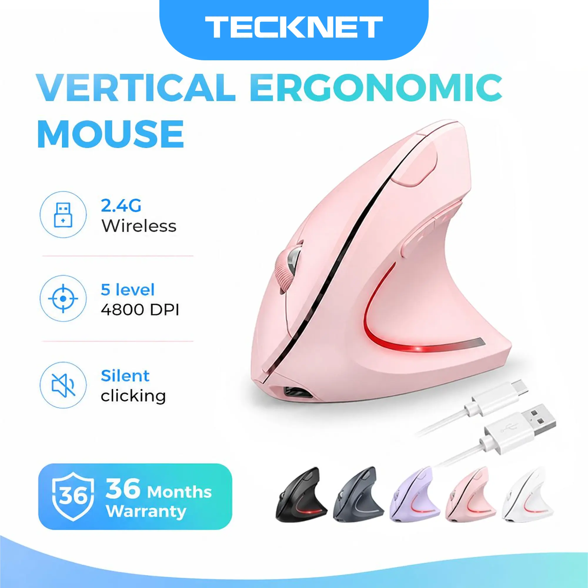 TECKNET Ergonomic Mouse Wireless, Rechargeable Mouse Silent for Carpal Tunnel Right Hand, 2.4GHz USB Vertical Mouse Wireless for Laptop, 5 Adjustable 4800 DPI, Computer, MacBook, Desktop tiktokshopmemorialday summerwins