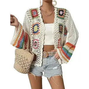 Women's flower crochet cardigan, spring and summer fashion, hollowed out front cardigan, cardigan top, special sale, lace lover grandmother square retro tribal knitted cardigan with beltRAIMENTRY