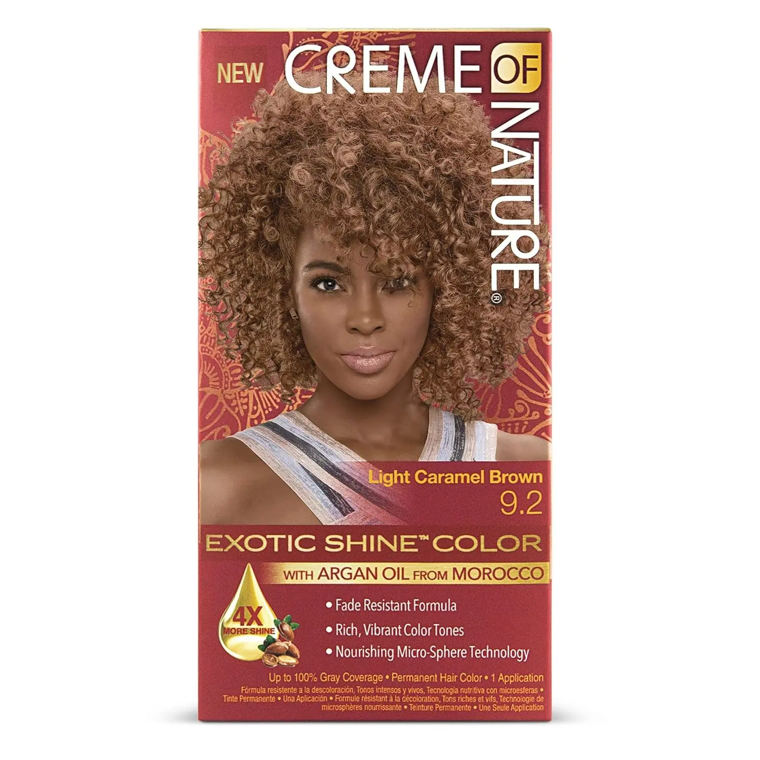 Creme of Nature Exotic Shine Hair Color Cream with Argan Oil, 9.2 Light Caramel Brown, Non-Bleaching Permanent Formula, Strengthening & Conditioning, 1 Application, Haircare, Gentle Hair Dye, Brown Hair Dye