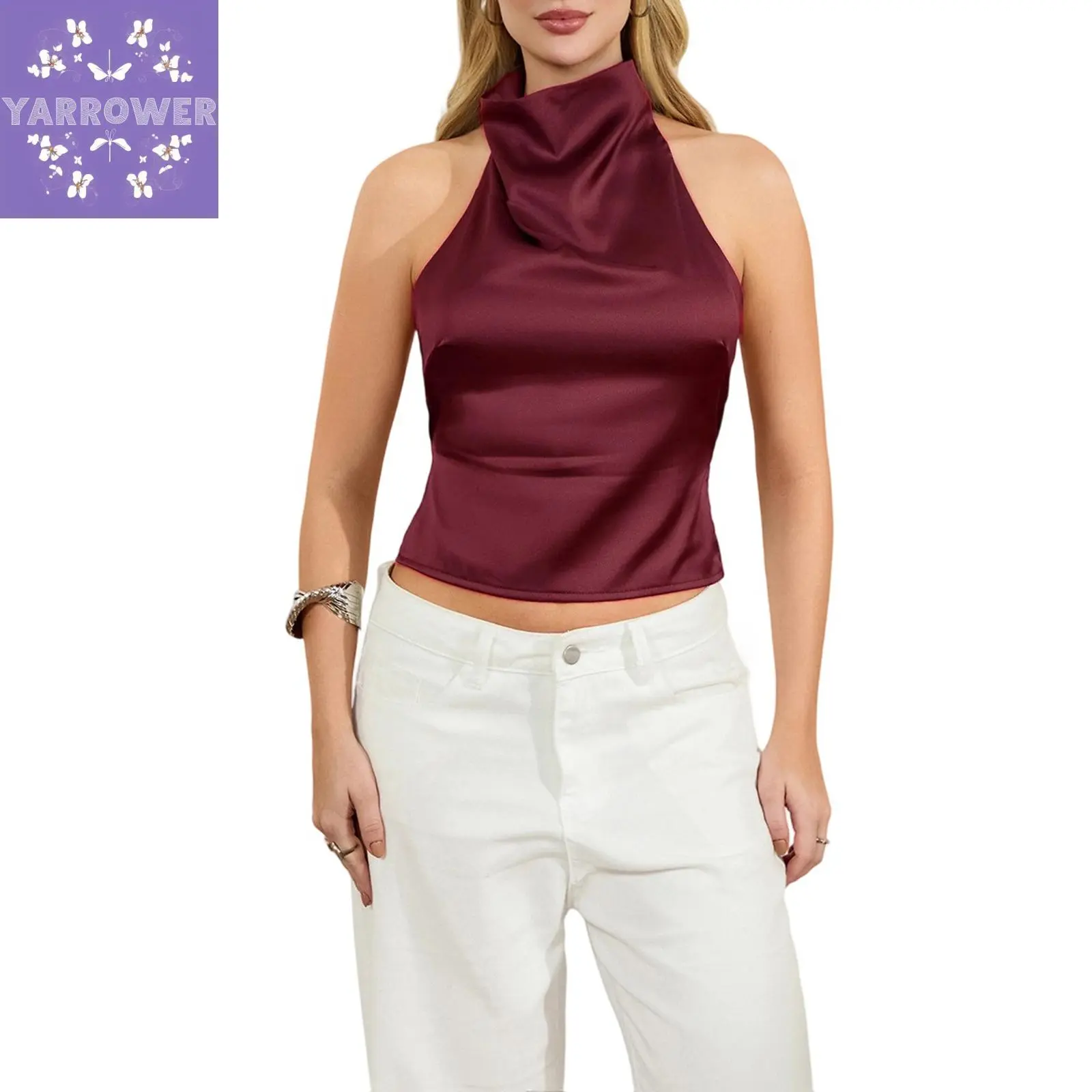 Women's Chic Satin Tank Tops, Basic Halter Neck Backless Blouse, Solid Color Slim Fit Summer Top