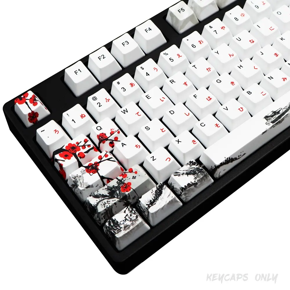Keycaps 110 Set for Full Size Mechanical Keyboard, Custom PBT OEM Profile Key caps Japanese Style with Keycap Puller for Cherry MX 104/87/71/61 60 Percent Keyboard(Plum Blossom)