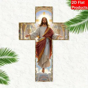 1 piece of wooden wall art cross of Jesus Christ - 8x12 inches religious home decoration, adorned with gold and green leaves, ideal for use in bedrooms, living rooms, churches, indoors, and outdoors, Stylish Religious Decor