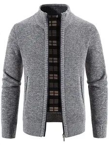 Men's Plain Pocket Zipper Cardigan, Regular Fit Casual Long Sleeve Stand Collar Knit Outerwear for Fall & Winter, Fashion Men's Knitwear for Daily Wear, Menswear