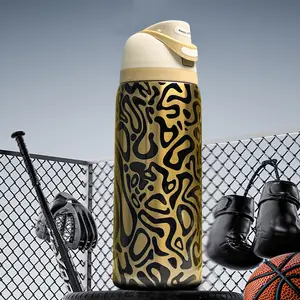 Ow-(Golden leopard print) Dual-Drink Outdoor Sports Water Bottle With Straw, 32oz/945ml, Perfect For Outdoor Camping/Cycling.Ideal For Travel, Office, Gym, And School Use- Portable Washable Reusable Stylish Bottled Tumbler Drinkware
