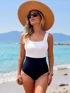 Flattering Tropical Style One-Piece Swimwear Black White Color Block Square Neck Surfing Beachwear