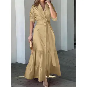 SolidButtonFrontBeltedDress,ElegantRuchedSleeveRuffleTrimMaxiDress-Women'sClothing-Elegant&FlowyDesign-ForSpecialOccasions&Parties-PerfectGiftforWomen