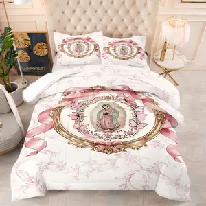 Pink Virgin Mary Guadalupe Comforter Set, Soft Breathable Floral & Butterfly Bedding, 1 Quilt + 1/2 Pillowcases, All-Season Lightweight Quilt for Girls Bedroom, College Dorm & Apartment Decor