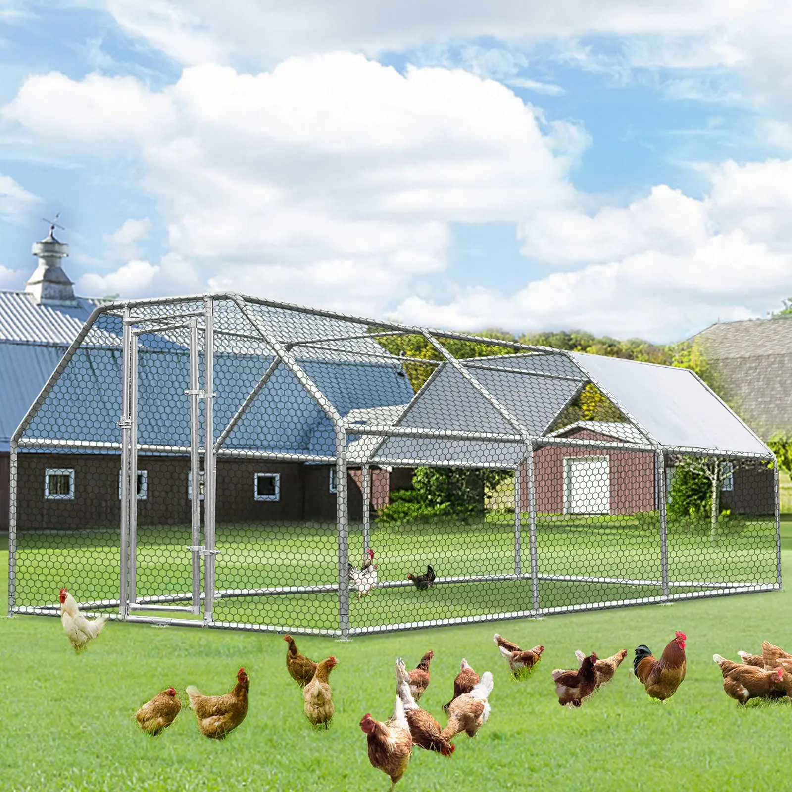 【2/3 packages arrived at different times】AECOJOY Large Metal Chicken Coop Walk-in Poultry Cage 6.5ft H with Waterproof PE Roof for Chickens Rabbits Cats Outdoor Backyard Farm Garden