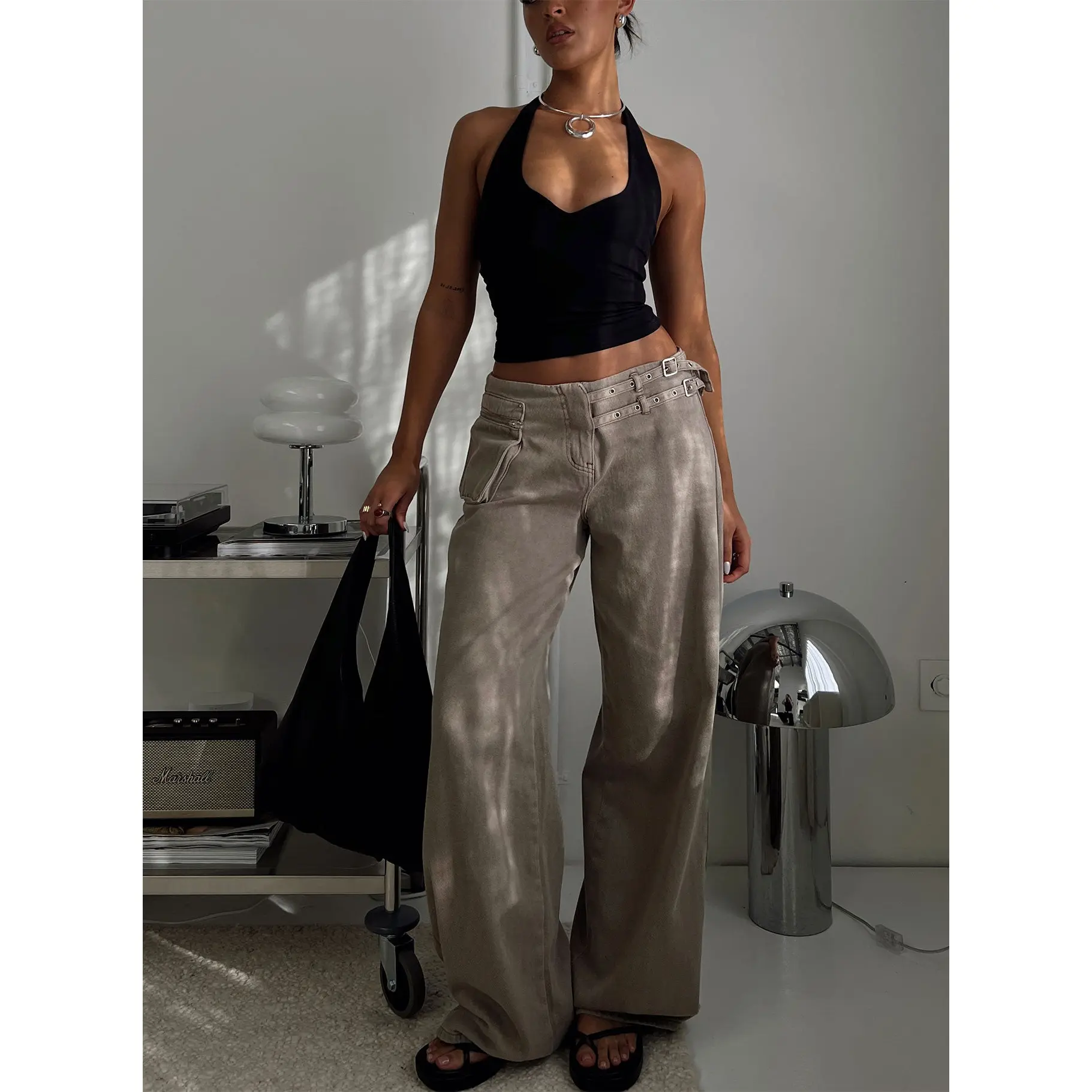 Paltrow Mid Rise Wide Leg Cargo Jeans Washed Brown Petite