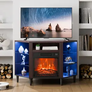 fathersdaygift VEVOR Electric Fireplace TV Stand, Corner TV Stand for TVs up to 50, Corner Console with 18 Fireplace, Vintage Design, 20 LED Lights, Remote Control Timer for Living Room, Brown