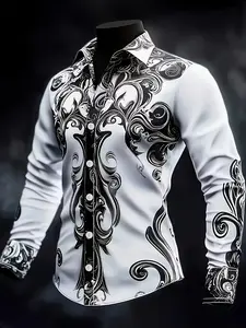 Men's Baroque Elegant Casual Style Long Sleeve Casual Graphic Shirt with Intricate and Swirl Pattern, Fitted Paisley Casual Dress Shirt for Spring & Fall