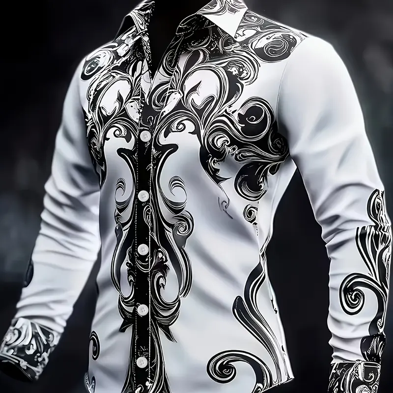 Men's Baroque Long Sleeve Shirt, Intricate Swirl Print, Fitted Button-Up Casual Party Shirt for Spring and Fall, Buttoned Casual Shirt
