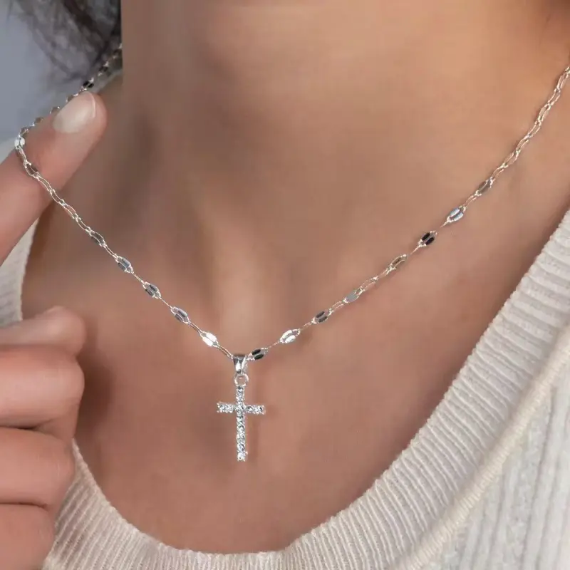 Women's S925 Sterling Silver Cross Shape Necklace - 0.79in x 0.39in Cubic Zirconia Pendant, 15.75in+1.97in Adjustable Chain Extender, Elegant Minimalist Spiritual Jewelry, Stylish Accessories for Girls, Everyday Wear Valentine's Day Gift, Valentines Day,