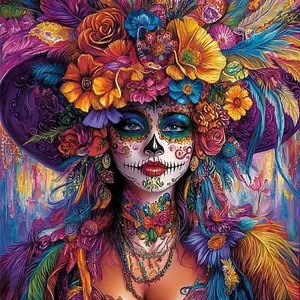 5D Diamond Painting Kit, Day of the dead Skull Woman Embroidery Art, Flower Embroidery, Full Drill Round Acrylic Diamonds DIY Craft, Mosaic Handcraft Wall Decor, Frameless Cross Stitch Set, Skull Embroidery Design