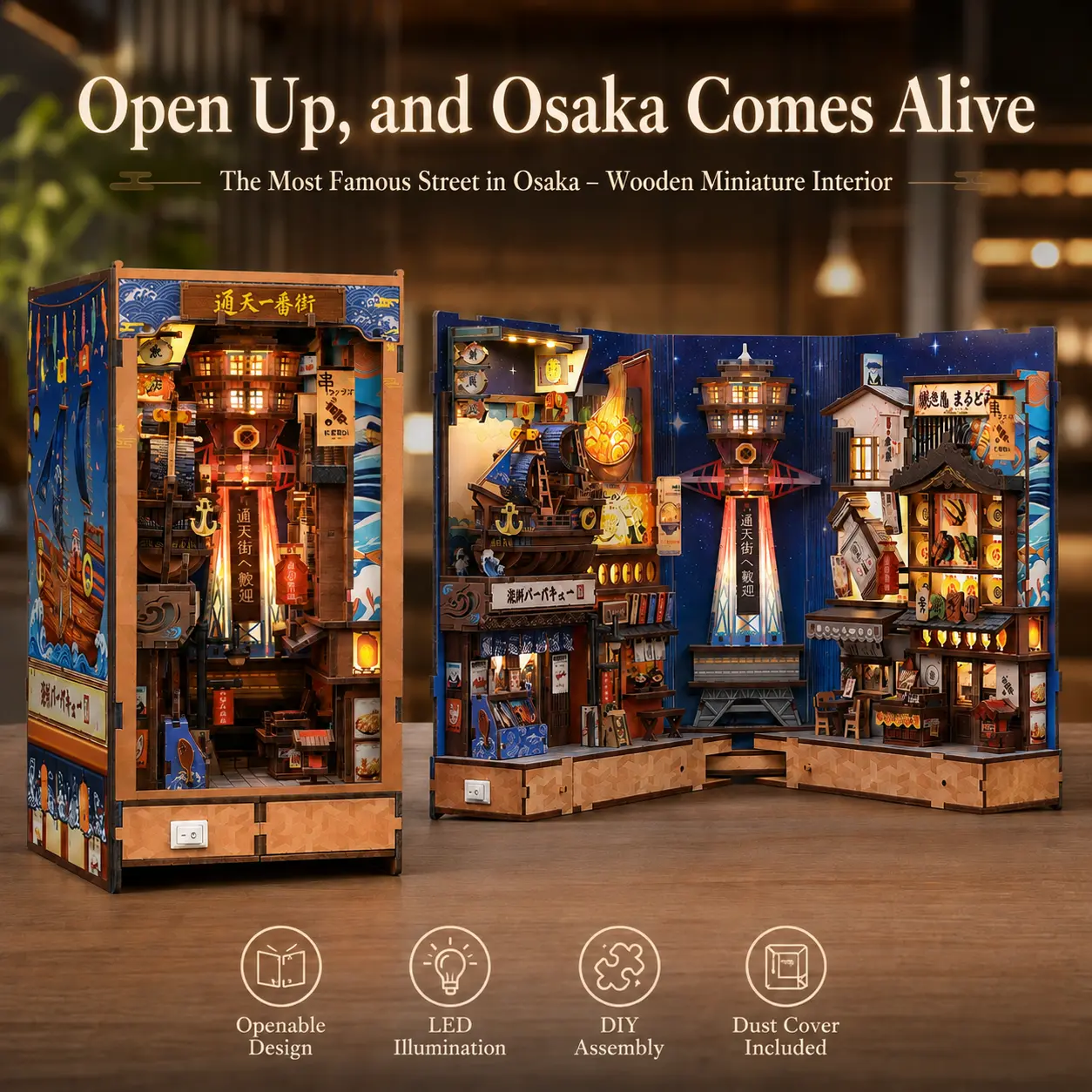 Tsutenkaku Ichiban Street DIY Book Nook Kit, 370-Piece Japanese Osaka Miniature Dollhouse with LED Light, 3D Wooden Puzzle Bookshelf Insert, No Glue Craft Gift for Adults & Teens 14+